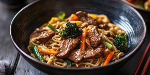 Fototapeta premium Stir-fried Asian vegetables with tender beef and chicken served in a black bowl filled with savory noodles topped with bright green broccoli and colorful carrots.