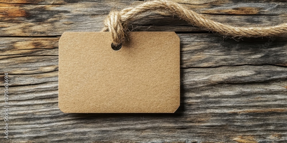 Poster Brown paper price tag with a burlap rope positioned centrally against a textured gray wooden background highlighting rustic charm and simplicity.