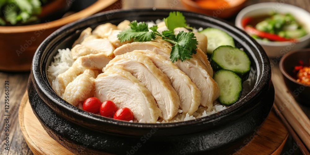 Poster deliciously plated steamed chicken on rice surrounded by fresh cucumber slices cherry tomatoes and g