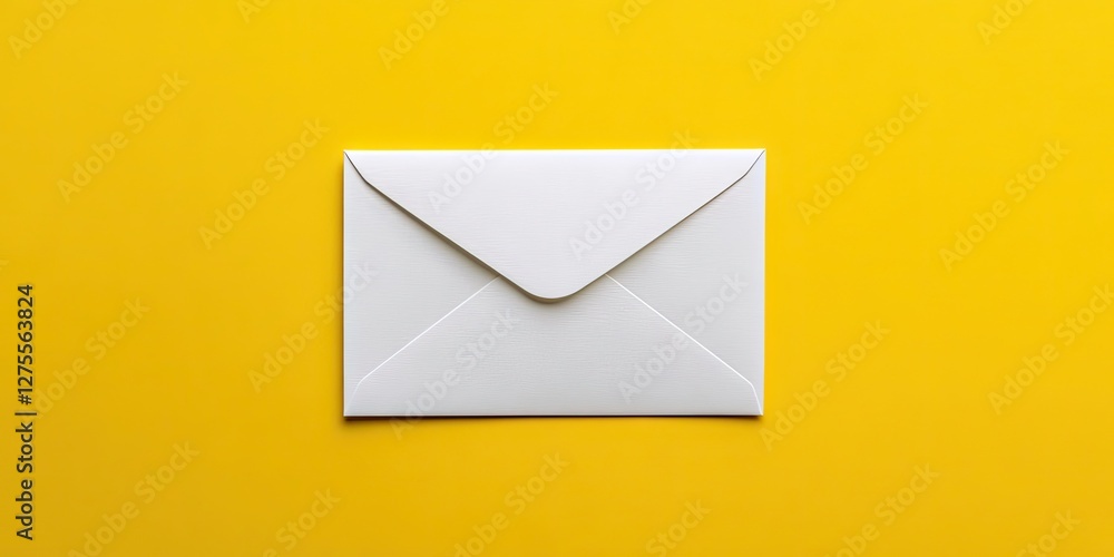 Aufkleber White paper envelope centered on a vibrant yellow backdrop, top view perspective, emphasizing clean lines and contrasting colors for visual appeal.