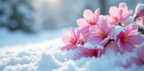 Pink blooms buried under thick layer of powdery snow, snow, delicate