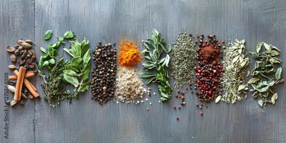 Aufkleber diverse array of spices and herbs arranged in neat rows on a textured gray wooden surface featuring 