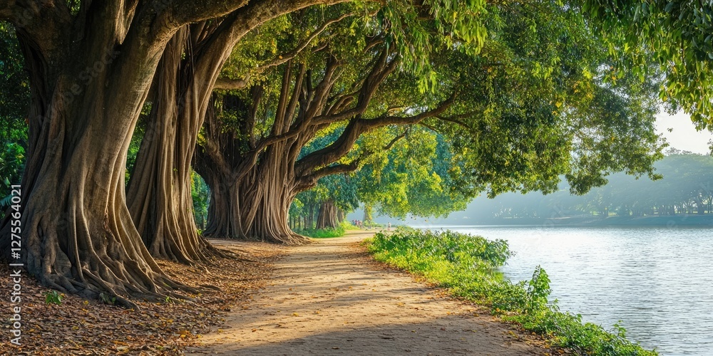Leinwandbilder lush tree-lined pathway beside a serene lake with sunlight filtering through vibrant green leaves cr