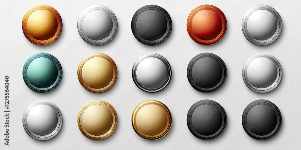 Poster colorful collection of round glossy buttons in gold, silver, bronze, teal, and black arranged in a 4