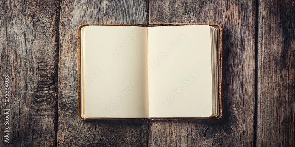 Leinwandbilder open vintage notebook on a rustic wooden table background with dark brown and gray tones. blank page