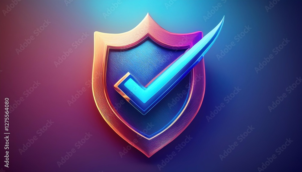 Poster a vibrant shield emblem featuring a checkmark, symbolizing security and verification in a digital co