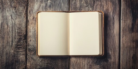 Open vintage notebook on a rustic wooden table background with dark brown and gray tones. Blank pages invite creative writing or sketching.