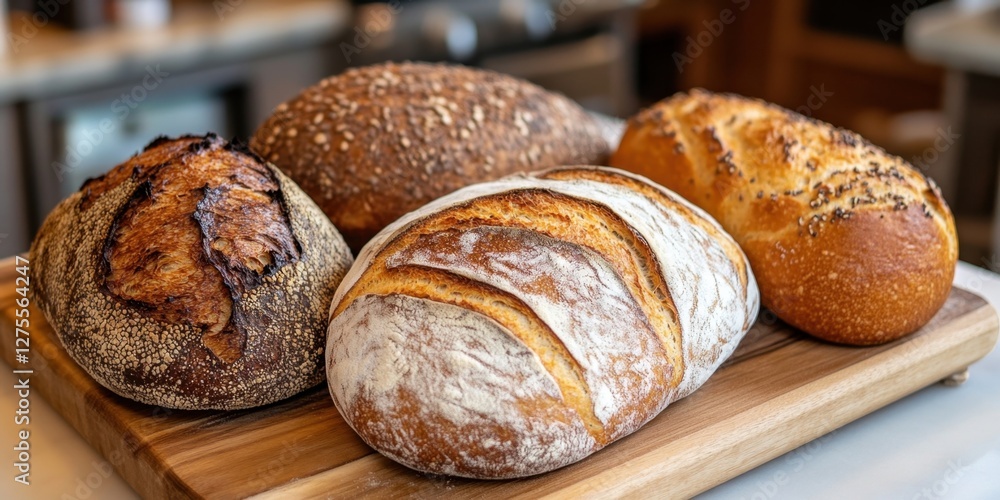 Poster artisan bread assortment featuring rustic loaves on a wooden board with various textures and golden 