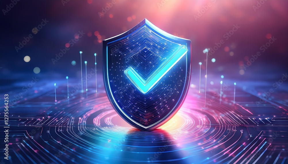 Poster a glowing blue shield with a checkmark symbolizes security and trust in a digital environment, surro