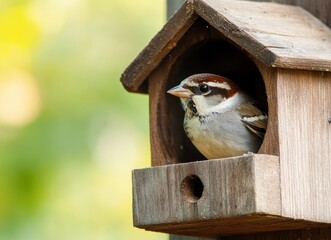 Naklejka premium Close-up of a sparrow nestled in a wooden birdhouse with a beautifully blurred natural background.
