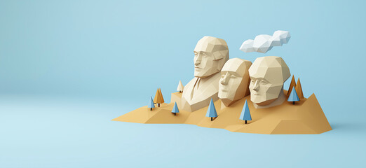 Mount Rushmore. 3D rendering of Mount Rushmore simple low poly origami style, web banner with copy space