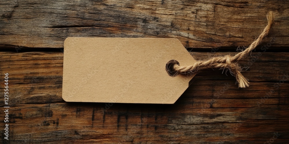 Aufkleber brown paper price tag with a burlap rope attached lying horizontally on a textured rustic wooden bac