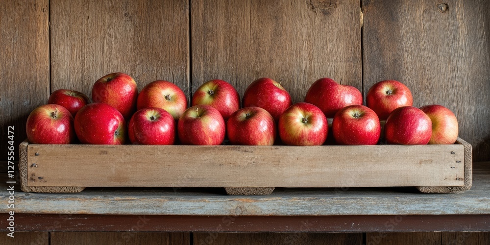 Poster Vibrant red apples neatly arranged in a rustic wooden box on a warm wooden shelf creating an inviting and charming display against a textured backdrop