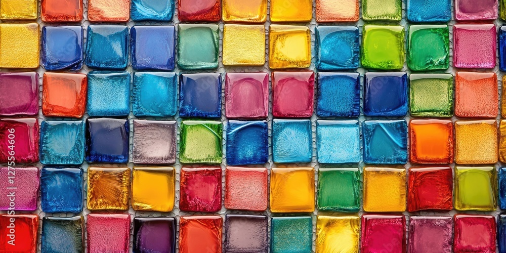 Aufkleber Vibrant mosaic of small square glass and ceramic tiles in a grid pattern showcasing a spectrum of colors including blue green red and yellow.