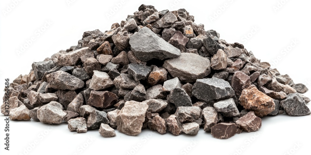 Aufkleber Piled gravel rocks in various shades of gray and brown on a white background, irregular shapes creating a natural texture and depth.