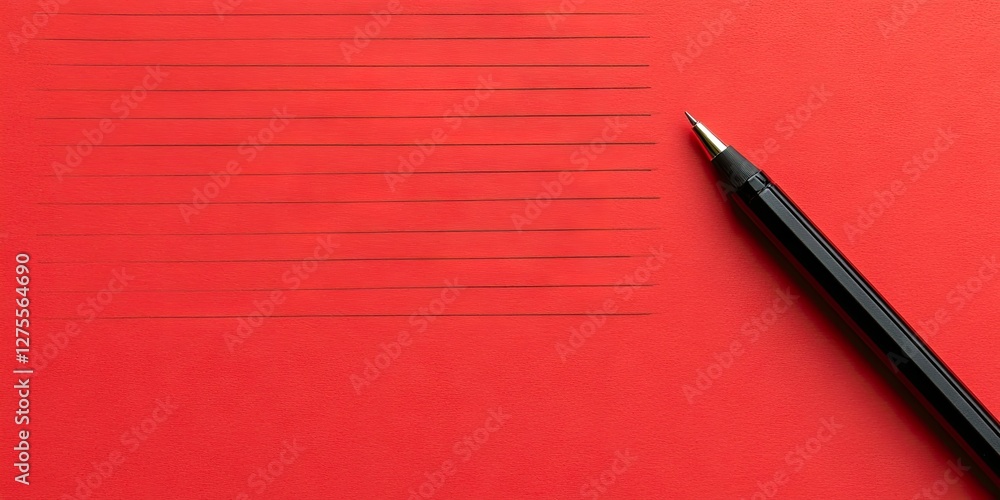 Leinwandbilder Red sheet of paper on a solid background with horizontal lines and a black pen positioned to the right creating ample text space for notes