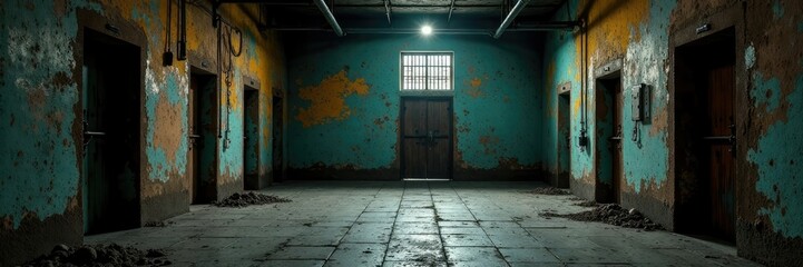 Obraz premium Prisoners' cell with peeling paint and rusty bars, cold stone floor, iron gates