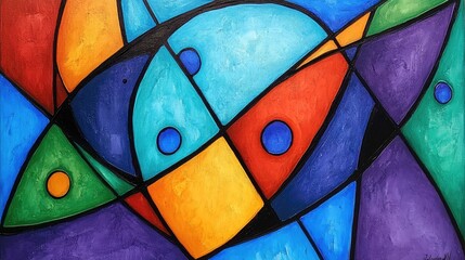 Fototapeta premium A vibrant, eclectic abstract painting with surreal elements, blending bold colors and playful geometric shapes.