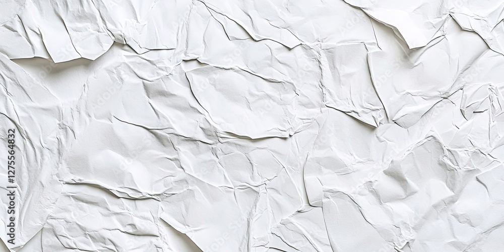 Poster crumpled white paper texture background with abstract folds and shadows creating depth, ideal for mi