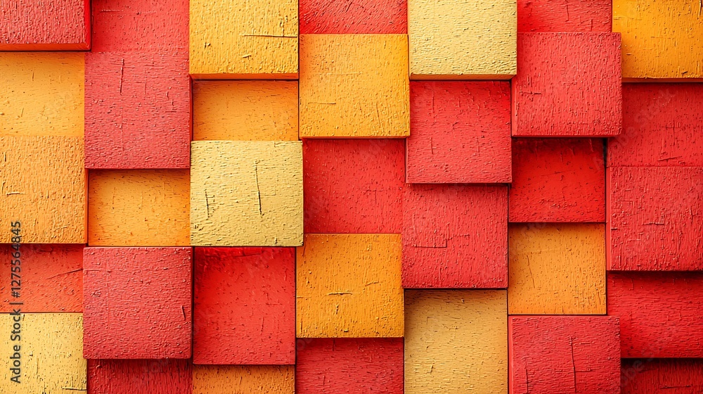 Poster colorful mosaic texture pattern, abstract red yellow blocks with 3d effects. decoration, design, and