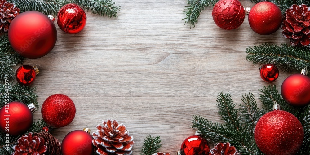 Aufkleber christmas decoration frame featuring red ornaments and pine cones arranged on a wooden surface with 