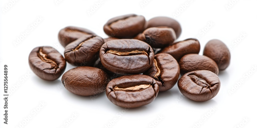 Poster close up of brown coffee beans arranged on a white background with shadows highlighting their textur