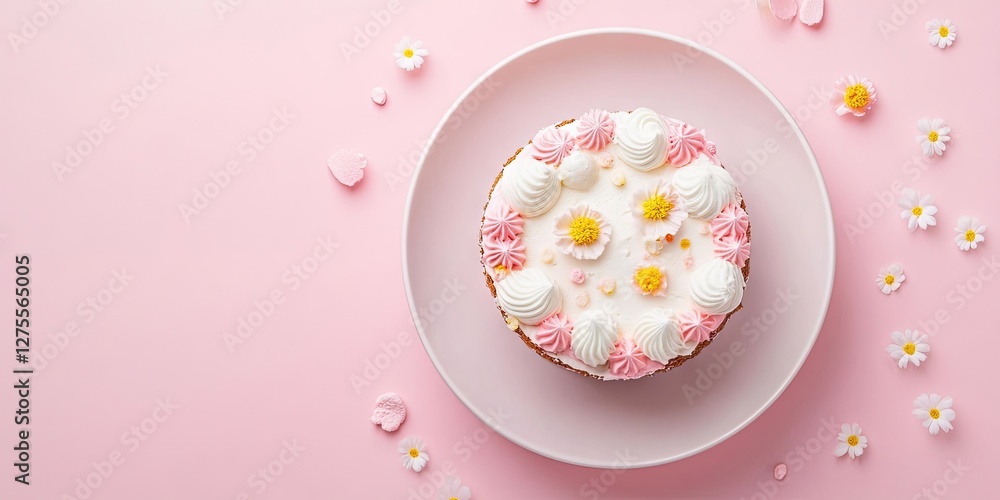 Poster bento cake with pink and white cream decorations on a pale pink background arranged in a flat lay pr