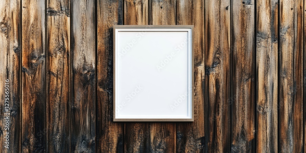 Leinwandbilder White frame mockup centered on rustic wooden wall with textured brown tones, showcasing empty space for artwork or text above the frame.