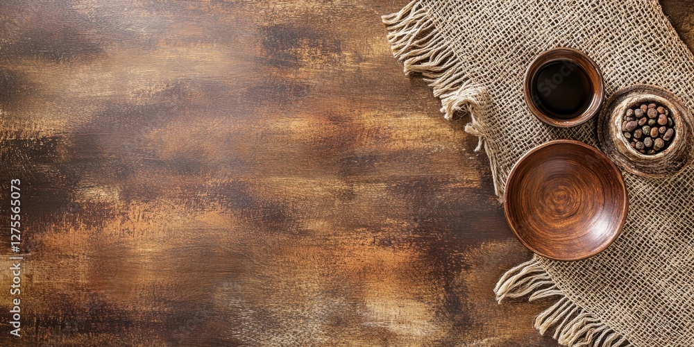 Leinwandbilder decorative ceramic items in earthy tones arranged on a rustic wooden tabletop with burlap and availa