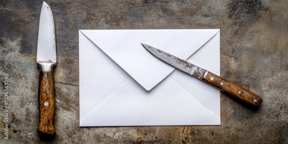 Poster Top down view of a textured brown surface featuring a white envelope and a rustic knife on the left, arranged elegantly for a dramatic effect