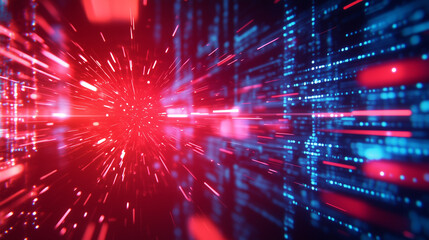 Naklejka premium A futuristic computer screen displaying a red 'SYSTEM HACKED' warning, with digital glitches and encrypted code in the background. The dark cyber environment highlights cybersecuri