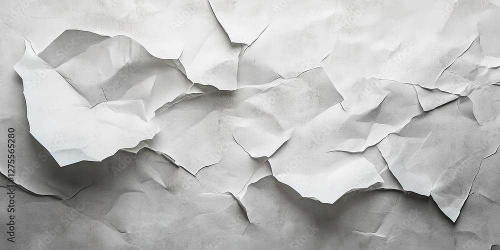 Poster crumpled white paper texture with shadows creating depth displayed across a light grey background fo