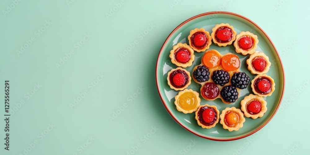 Poster colorful fruit jam tarts in varying flavors arranged in a circle on a teal plate against a soft past