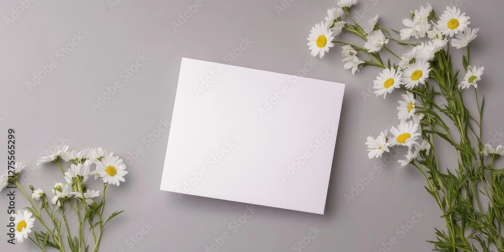 Poster blank square card on gray background surrounded by fresh white daisies creating a minimalist floral 