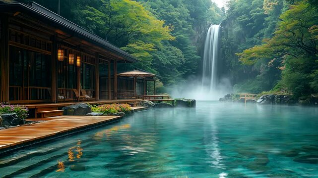 Traditional Japanese onsen with wooden deck overlooking waterfall and misty forest. Seamless looping 4K time-lapse animation video background