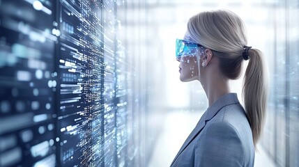 Visionary Data Exploration: A woman in glasses, her gaze locked on a digital information display, embodies the future of tech with a fusion of innovation and expertise.