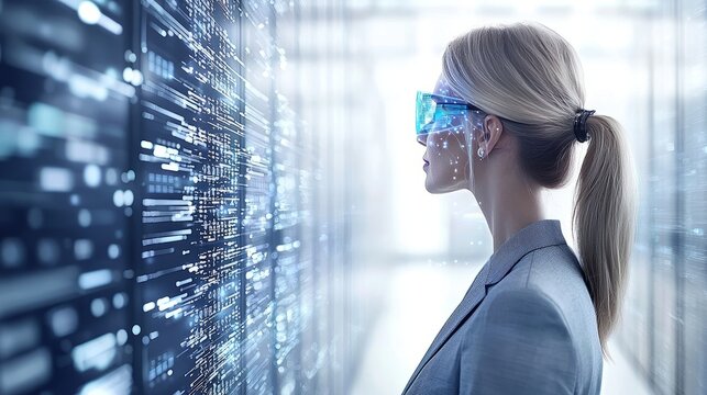 Visionary Data Exploration: A woman in glasses, her gaze locked on a digital information display, embodies the future of tech with a fusion of innovation and expertise.