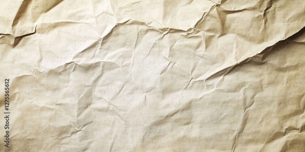 Poster Crinkled light beige paper texture with a soft brown hue creating an empty space for writing positioned in the center of the image.