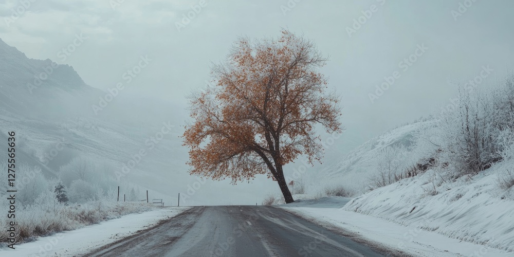 Poster Lonely autumn tree with sparse yellow leaves partially obstructing a snow-covered road in a wintry landscape with fog and mountains in the background.