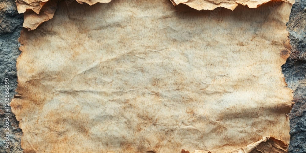 Poster aged paper texture with crumpled edges and subtle brown tones on a rough stone background, ideal for