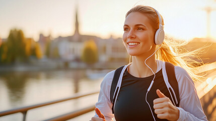 Obraz premium blonde woman in fitness clothing and headphones walking along the riverbank after completing an outdoor run. The scene captures her sense of accomplishment, with the calm river and
