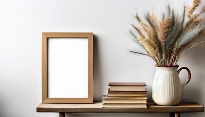 Winter and Fall Themed Still Life Grass Bouquet in Rustic Vase Against Backdrop of Books on Bench, Evoking a Cozy, Antique Ambience with Hints of Autumnal Charm.