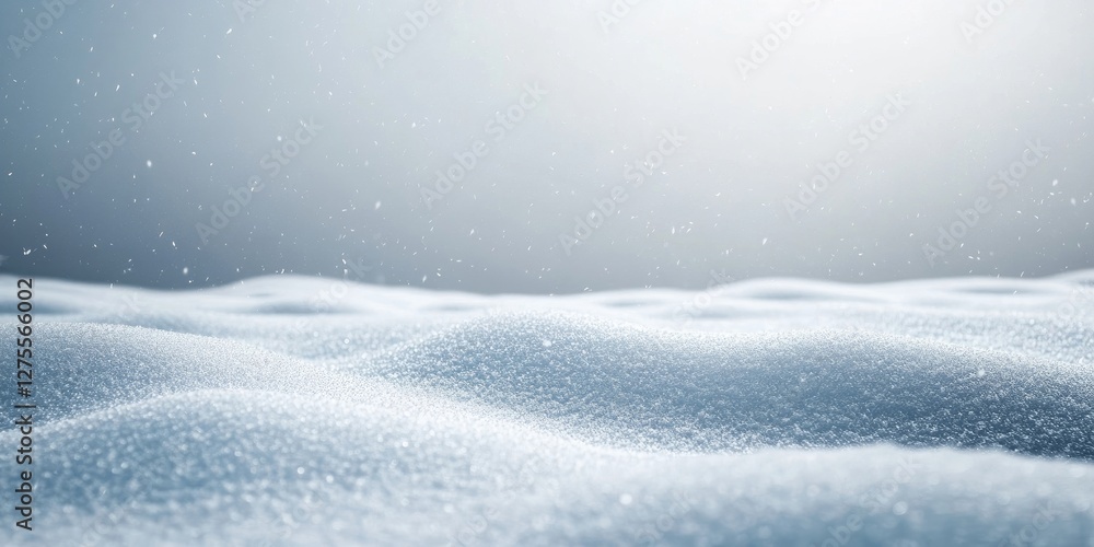 Poster soft white snow blankets the ground under a muted gray sky with gentle undulations creating a serene