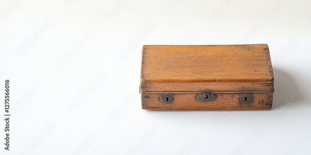 Fototapete aerial view of a vintage wooden box with a warm brown hue placed on a clean white background showcas