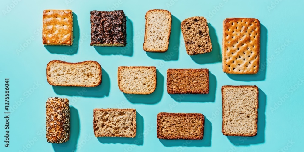 Poster a variety of rusks in different shapes and textures arranged on a vibrant teal background showcasing
