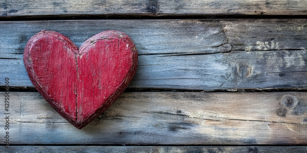 Poster rustic wooden background featuring a textured red heart shape slightly off-center on the left side, 