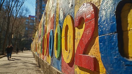 Obraz premium Colorful numbers on a city wall, people walking, sunny day. Possible use Stock photo
