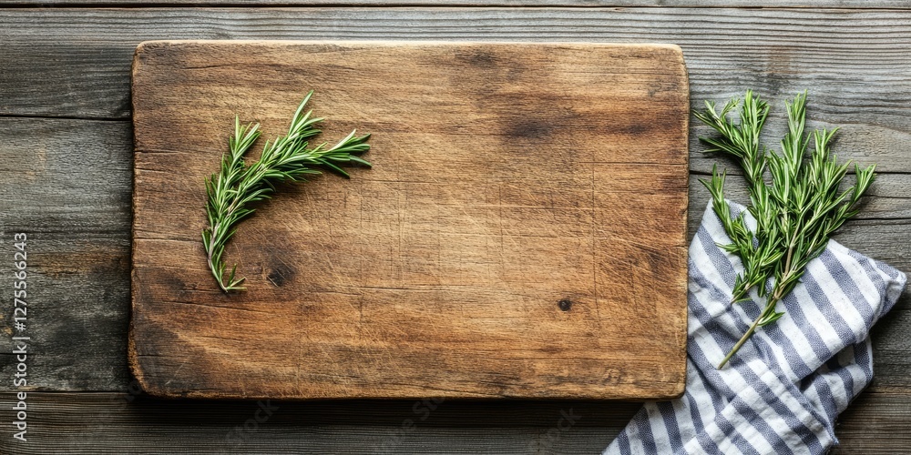 Poster rustic wooden cutting board with fresh rosemary sprigs and a folded gray napkin positioned on the te