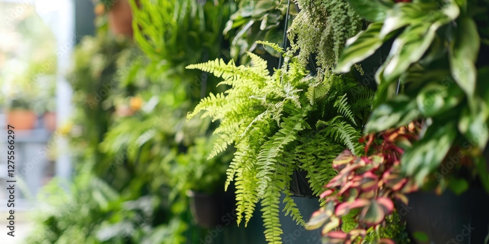 Poster lush green ferns and vibrant foliage arranged in a vertical garden display with blurred background s