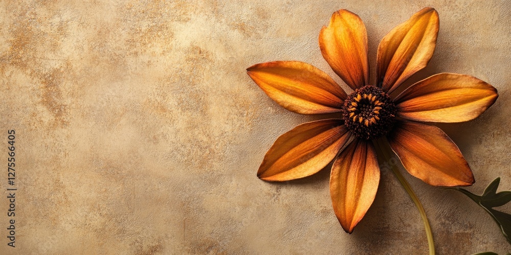 Poster rustic orange and brown rudbeckia hirta flower positioned left on textured beige background with amp